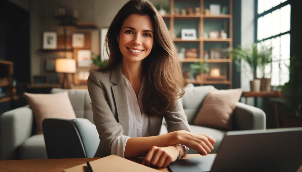 A photograph of a professional woman, relaxed and smiling, in a casual office setting with a laptop open. The environment is cozy, with a bookshelf